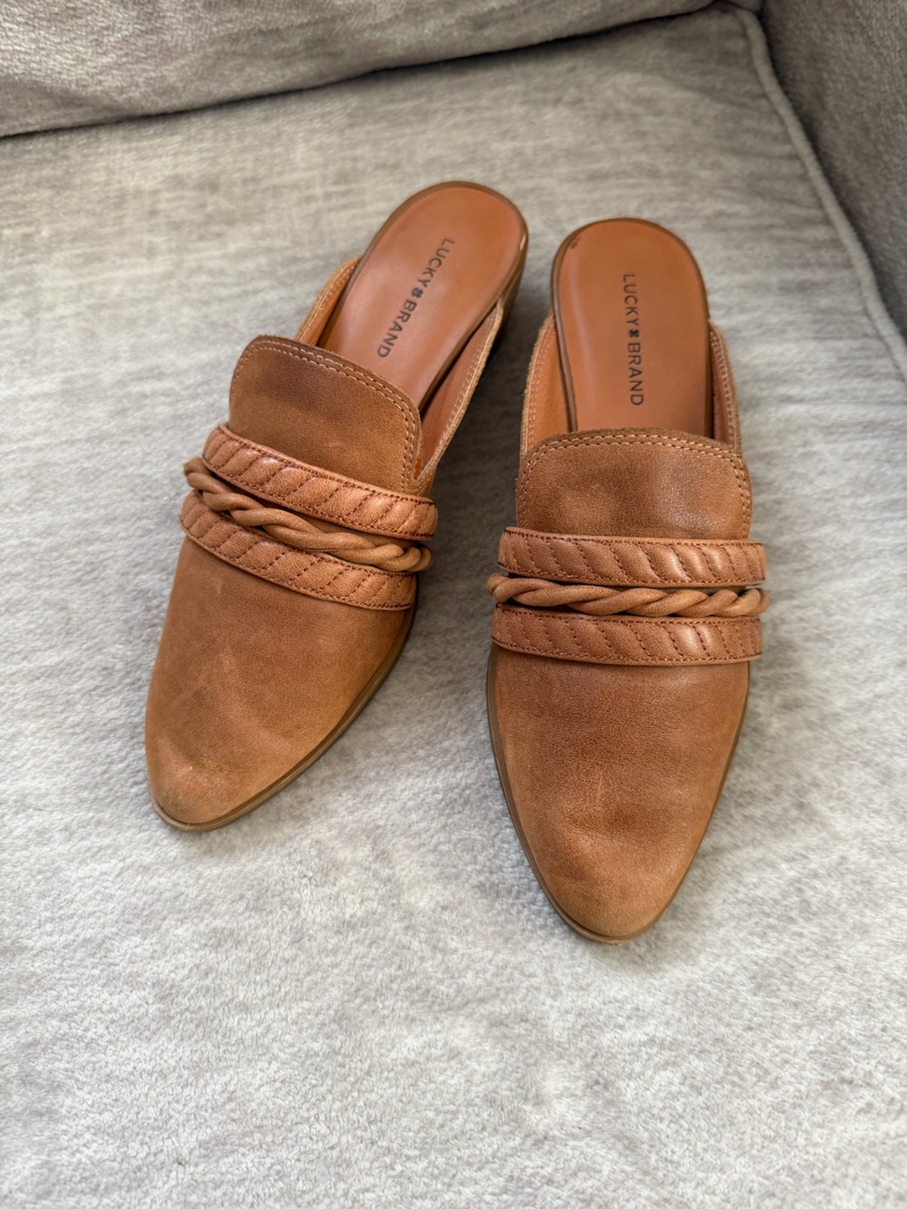 Lucky Brand Melaida Style Cognac Brown Leather Block Heeled Mules Size 7.5M